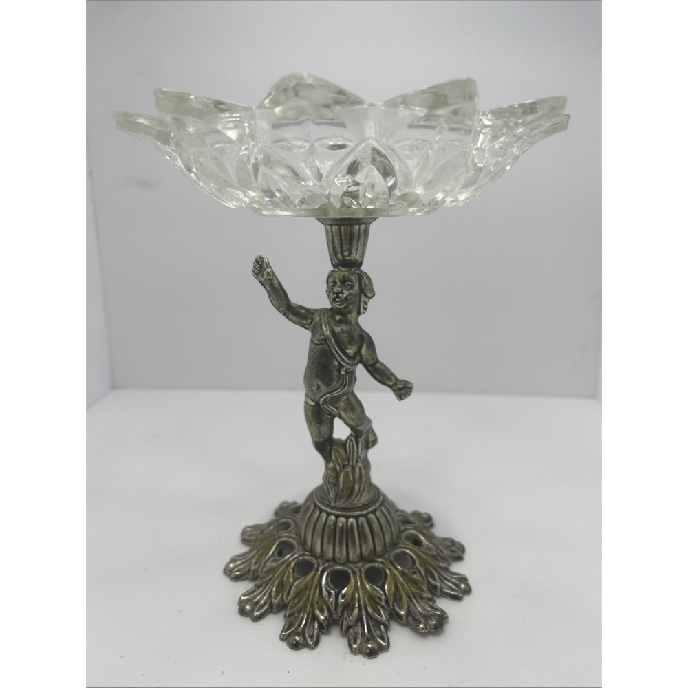 Vintage 60-70s Era Glass/Cast Metal Pedestal Nude Cherub Compote Center Piece 7"